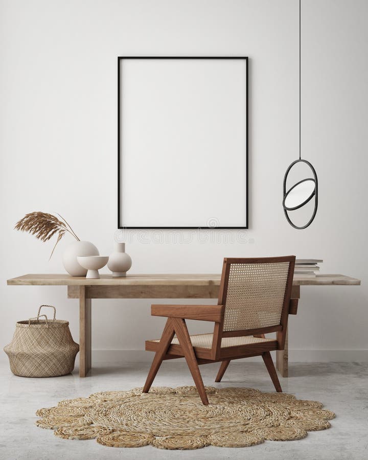 Machetă cadru poster în fundal interior modern în stil scandinaviar 3d redare stock illustration