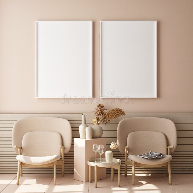Machetă cadru poster în fundal interior monocrom modern cameră de zi scandinavă stil 3d redare 3d ilustrație stock illustration