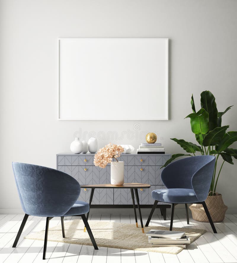 Machetă cadru poster în interiorul hipster fundal cameră de zi scandinaviară stil 3d redare 3d ilustrație stock illustration