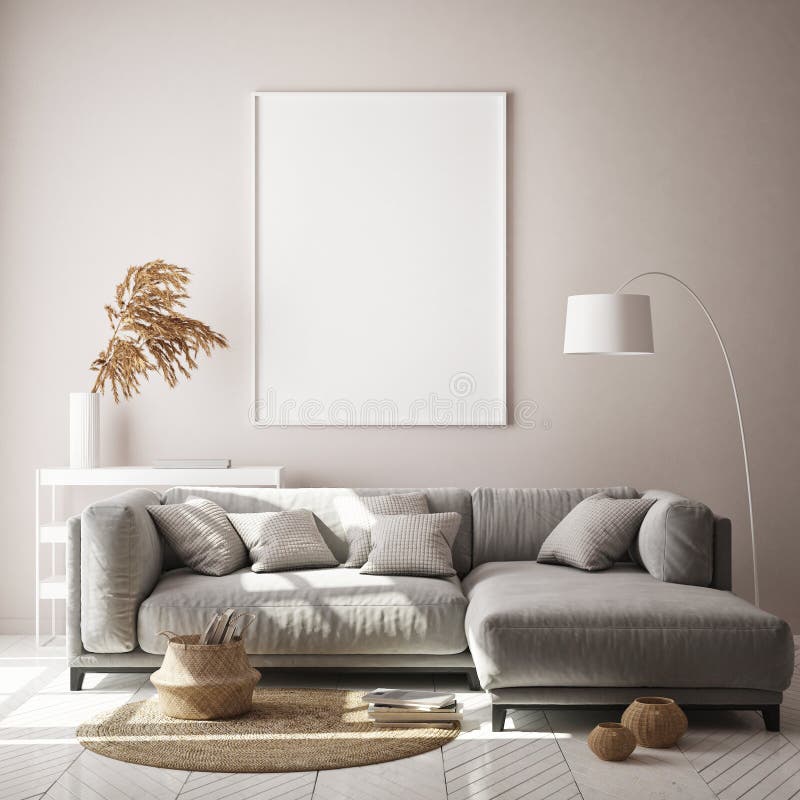 Machetă cadru poster în interiorul hipster fundal cameră de zi scandinaviară stil 3d redare 3d ilustrație vector illustration