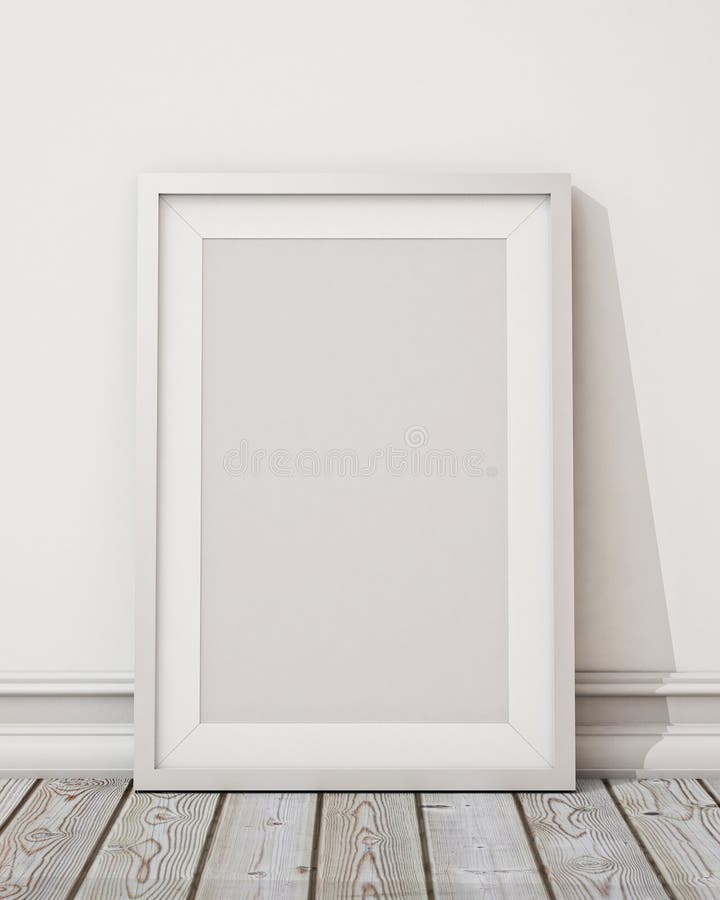 Machetă cu cadru alb alb alb pe peretele alb și fundalul podelei din lemn stock illustration