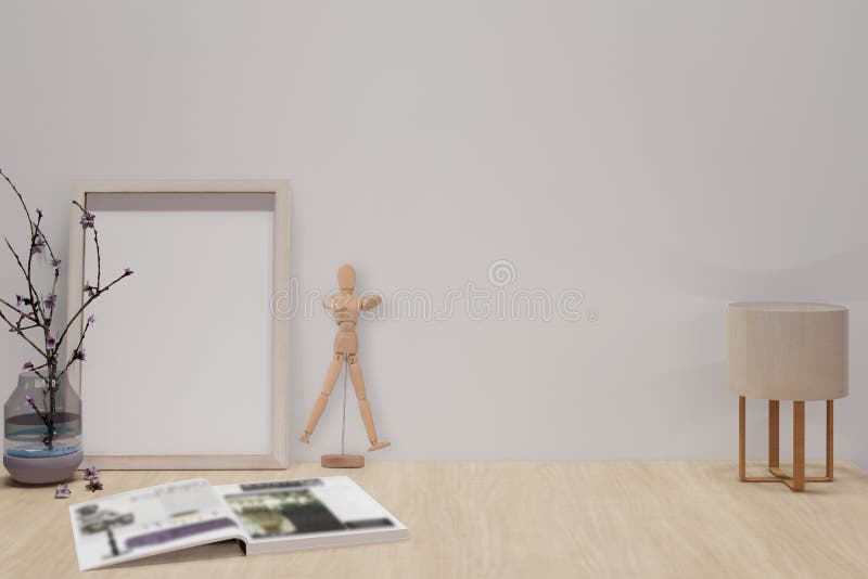Machetă cu cadru din lemn vertical. machetă poster pe birou din lemn 3d ilustrații de randare vector illustration