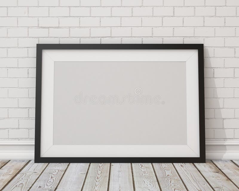 Machetă cu cadru orizontal negru gol pe peretele de beton alb și pe podeaua de epocă royalty free stock photography