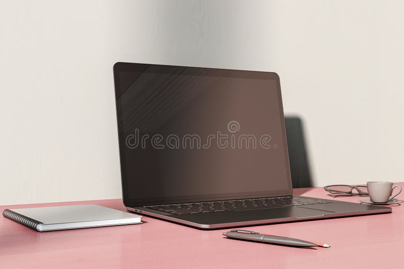 Machetă modernă a spațiului de lucru, cu ecran gol pentru laptop pe birou din lemn, în încăperi de interior cu iluminare redusă stock illustration