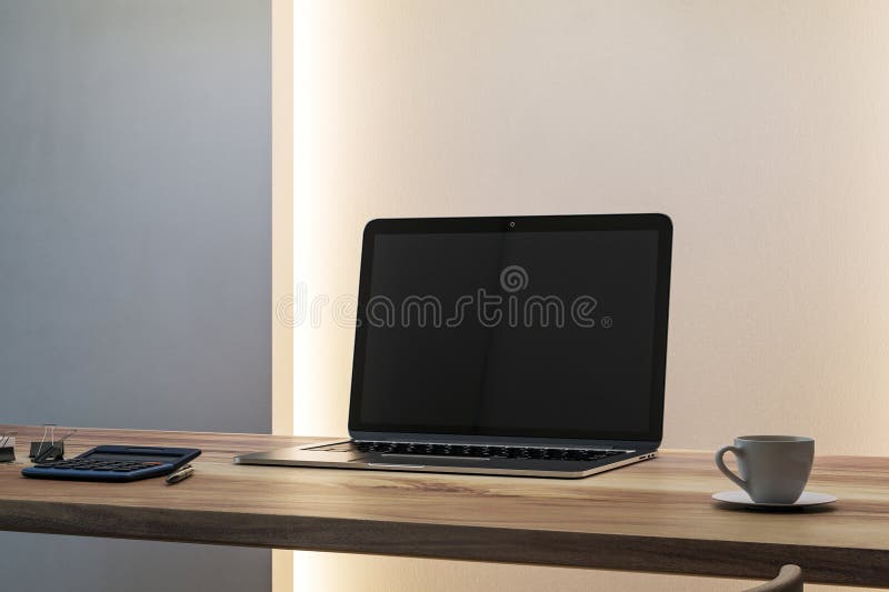 Machetă modernă a spațiului de lucru, cu ecran gol pentru notebook pe birou din lemn vector illustration