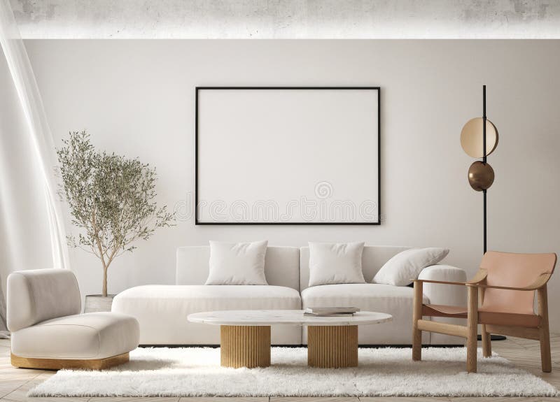 Machetă poster în fundal interior modern cameră de zi scandinav stil 3d redare stock illustration