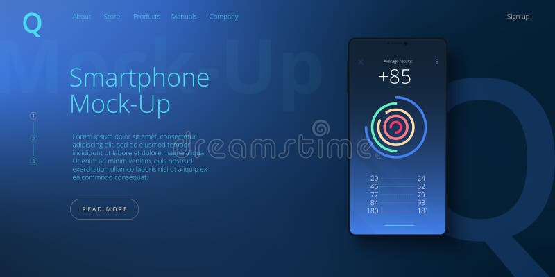 Machetă realistă smartphone în paletă color albastră. ecran frontal celular negru în sus pe fundalul gradientului. aspect banner w vector illustration