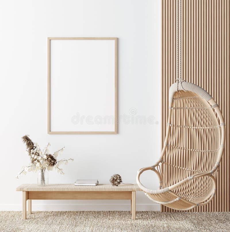 Machetă în fundal interior cameră albă cu stil scandiboho din lemn natural royalty free illustration