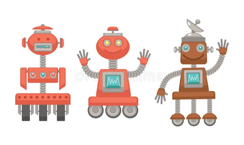 Machinalni roboty na kołach z śmiesznymi twarzami ustawiać royalty ilustracja Machinalni roboty na kołach z śmiesznymi twarzami ustawiać royalty ilustracja