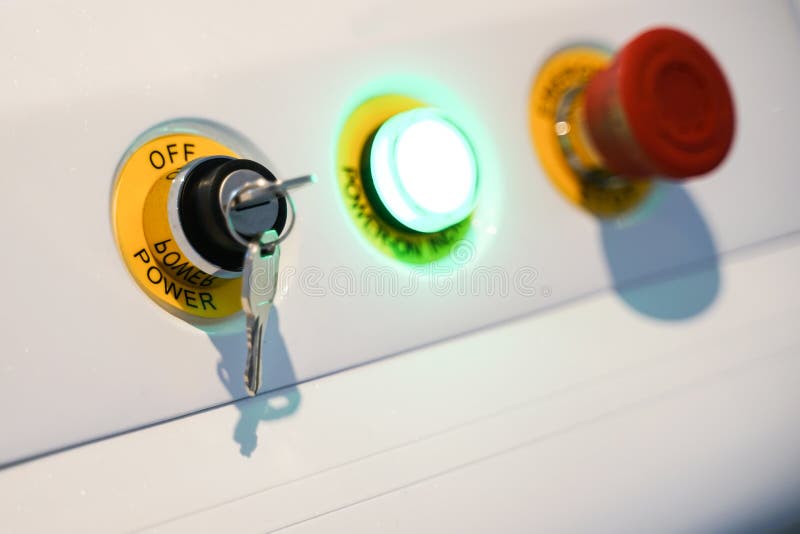 Machine control panel for start stop working and the red emergen stock photography