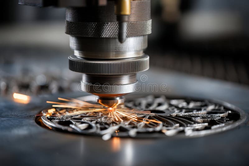 A machine is cutting metal with sparks flying out stock photos