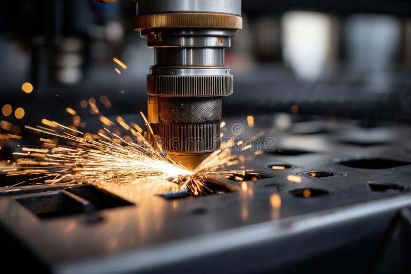 A machine is cutting metal with sparks flying out royalty free stock photo