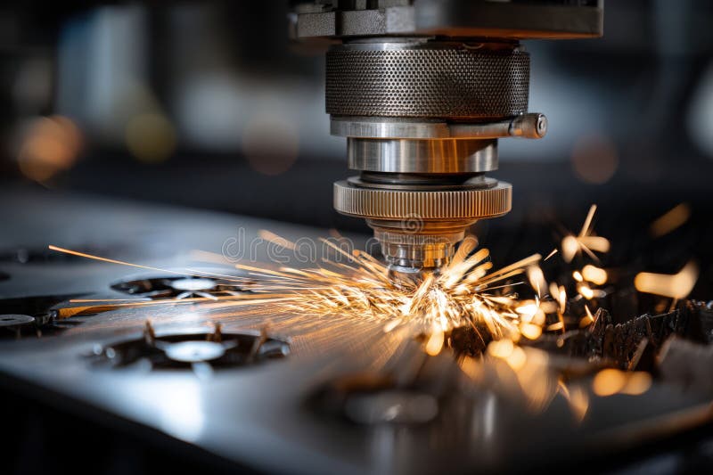 A machine is cutting metal with sparks flying out stock image
