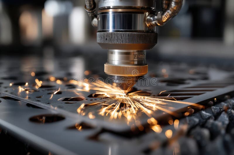 A machine is cutting metal with sparks flying out royalty free stock photography