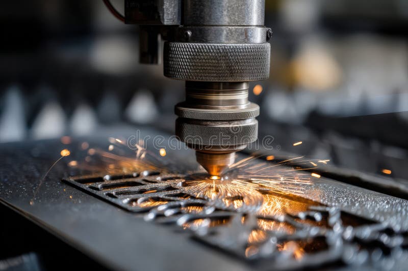 A machine is cutting metal with sparks flying out royalty free stock photography