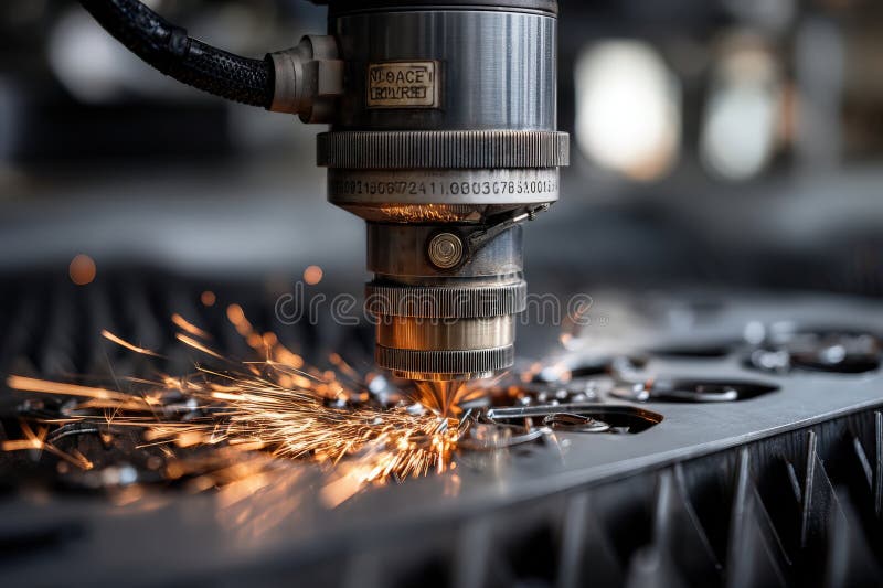 A machine is cutting metal with sparks flying out royalty free stock photo