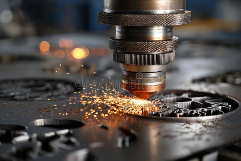 A machine is cutting metal with sparks flying out royalty free stock photo