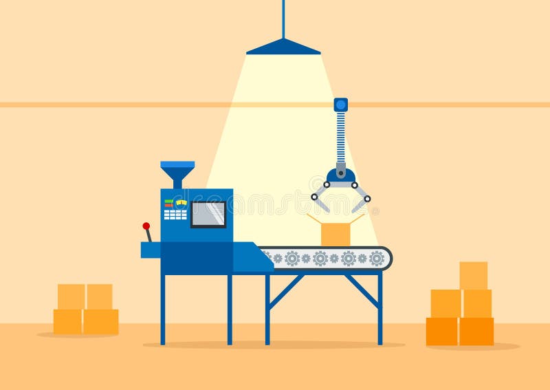 Machine de convoyeur dans l'usine - illustration plate Fabrication et emballage sur l'usine par la bande de conveyeur Concept de illustration libre de droits Machine de convoyeur dans l'usine - illustration plate Fabrication et emballage sur l'usine par la bande de conveyeur Concept de illustration libre de droits