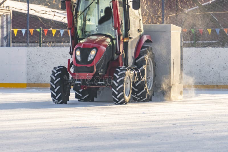 Machine on the Ice Rink Pour the New Ice Outdoors F Stock Photo Image