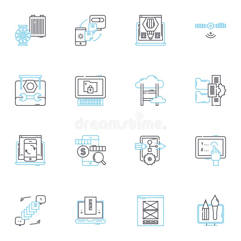 Machine intelligence linear icons set. Robotics, Automation, Artificial intelligence, Machine learning, Computer vision royalty free illustration