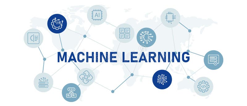 Machine learning AI artificial intelligence tech icon set modern futuristic robot technology development data analyzing royalty free illustration