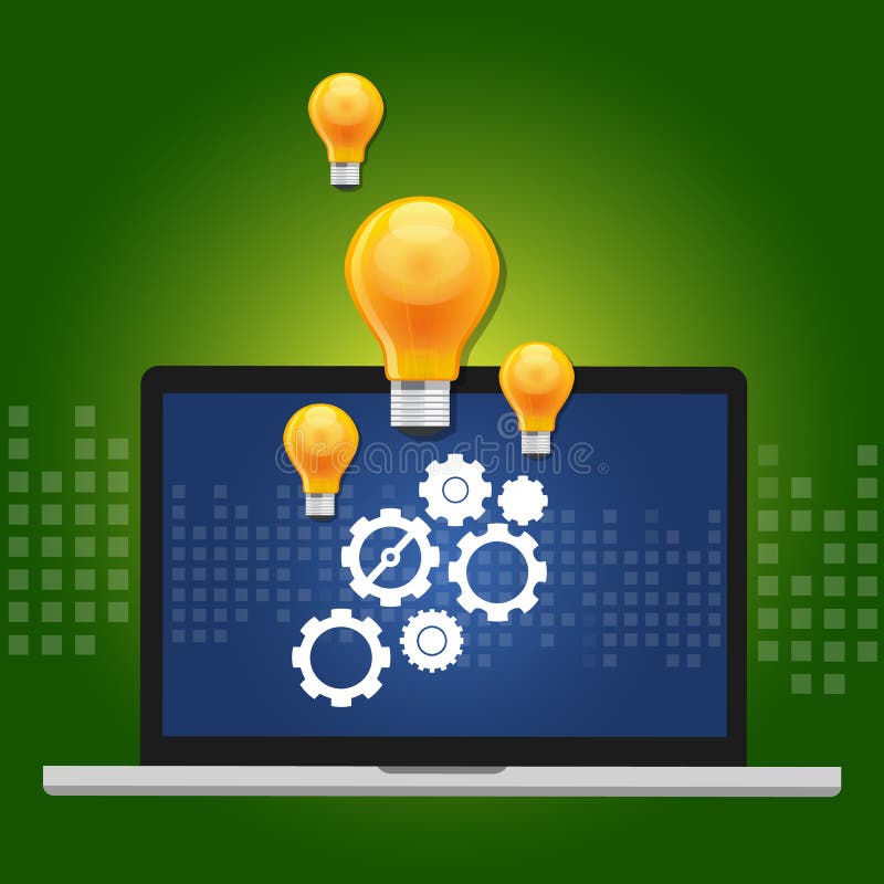 Machine learning algorithm concept with gear inside computer and idea as lamp vector illustration