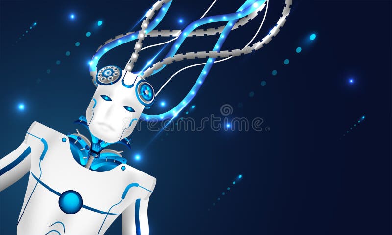 Machine learning or Artificial intelligence (AI), 3d illustration of robot connected with wires to network for mechanical brain c