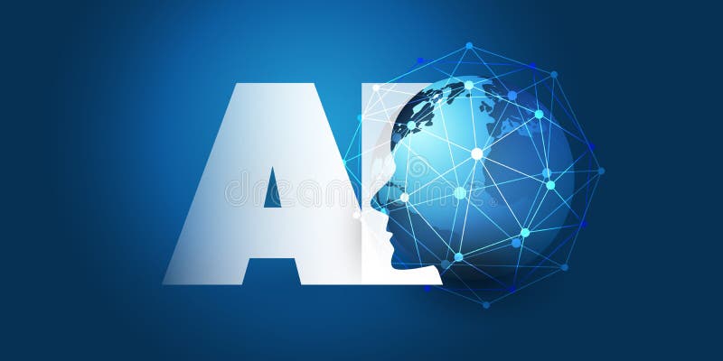 Machine Learning, Artificial Intelligence, Cloud Computing and Networks Design Concept with Earth Globe, Network Mesh and AI Label