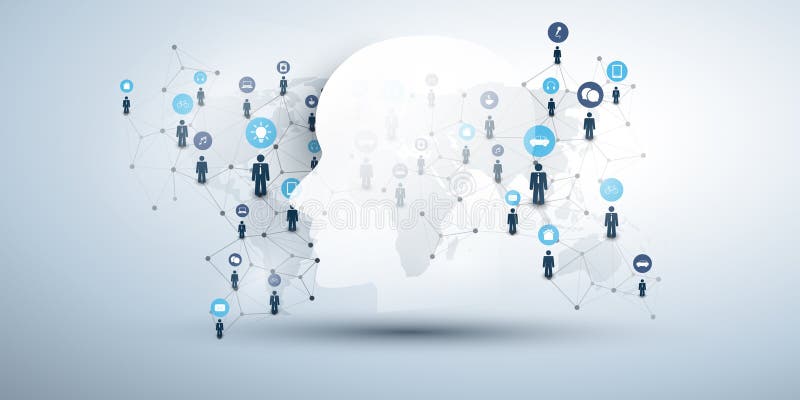 Machine Learning, Artificial Intelligence, Cloud Computing and Networks Design Concept with Human or Robot Face, Icons, World Map stock illustration
