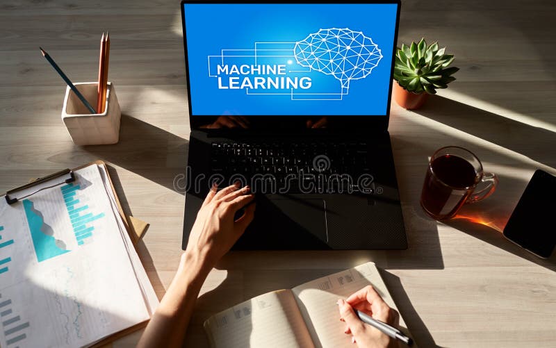Machine learning, artificial intelligence and smart technology concept on device screen. royalty free stock images