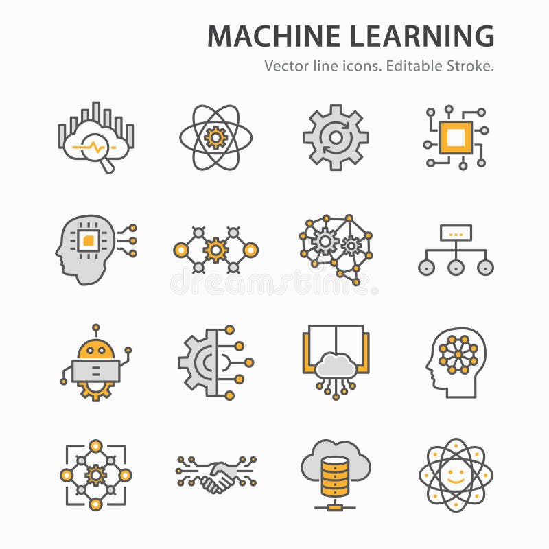 Machine learning line icons set. Vector illustration. Editable stroke vector illustration