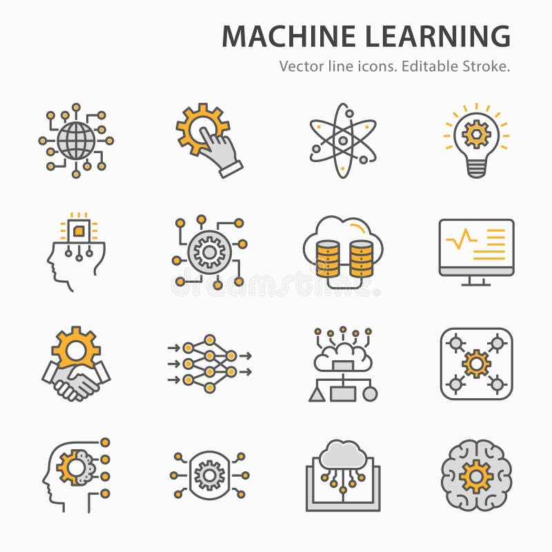 Machine learning line icons set. Vector illustration. Editable stroke stock illustration