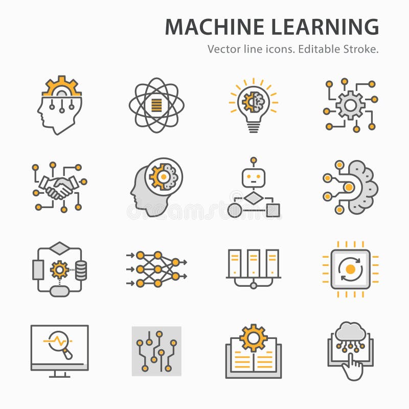 Machine learning line icons set. Vector illustration. Editable stroke royalty free illustration
