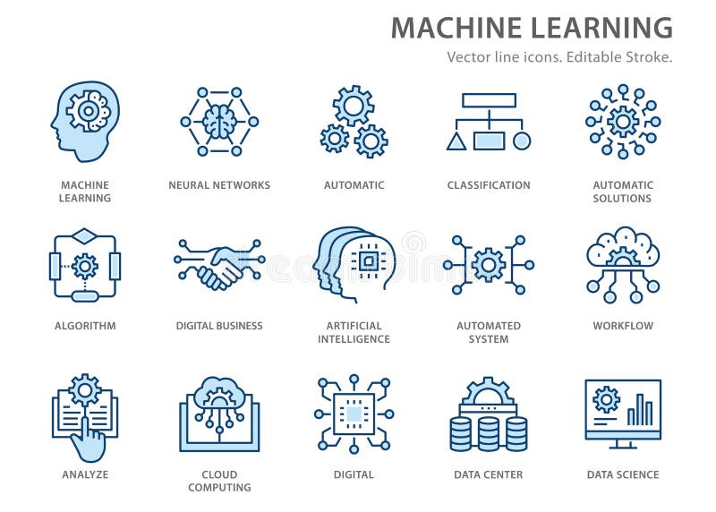 Machine learning line icons set. Vector illustration. Editable stroke royalty free illustration