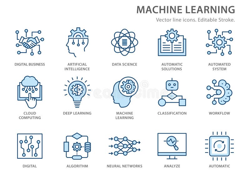 Machine learning line icons set. Vector illustration. Editable stroke stock illustration