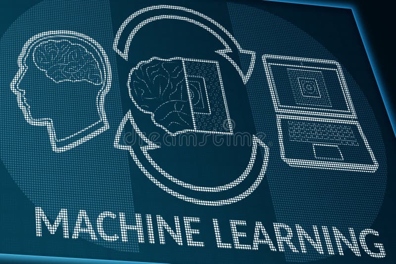 Machine learning on pixels screen. Perspective view of monitor or info desk with man brain and computer processor data exchange stock illustration Machine learning on pixels screen. Perspective view of monitor or info desk with man brain and computer processor data exchange stock illustration