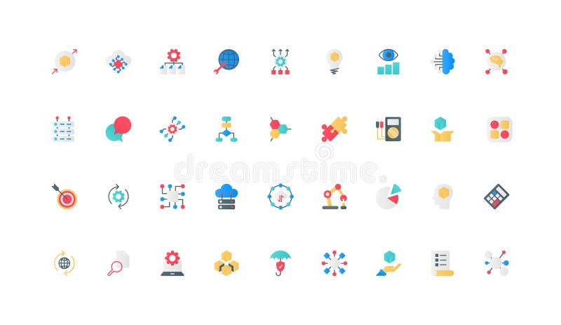 Machine learning, smart solution of AI integrated in automatic data system color icon set stock illustration