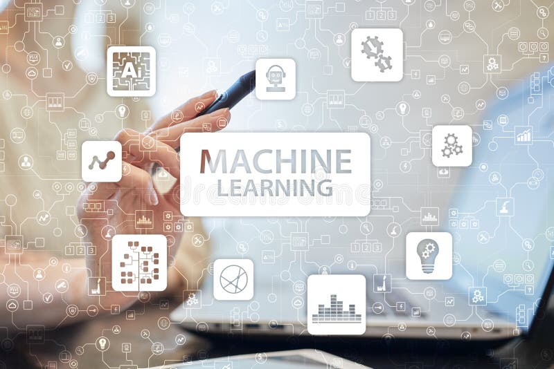 Machine Learning. Text and icons on virtual screen. Business, internet and technology concept. stock photos