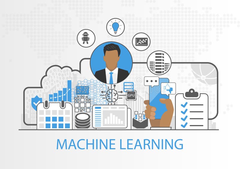 Machine learning vector illustration with business man and icons vector illustration