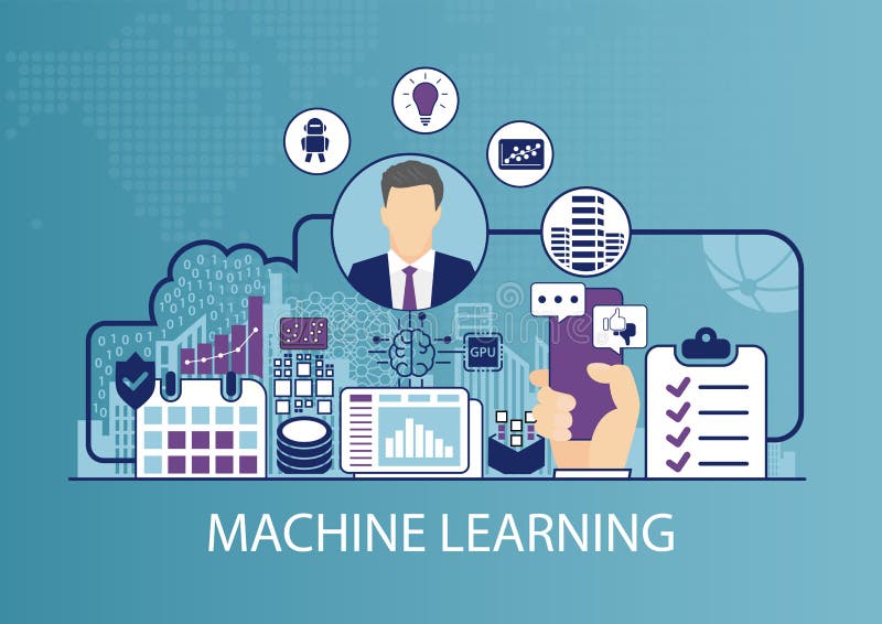 Machine learning vector illustration with business man and icons royalty free illustration