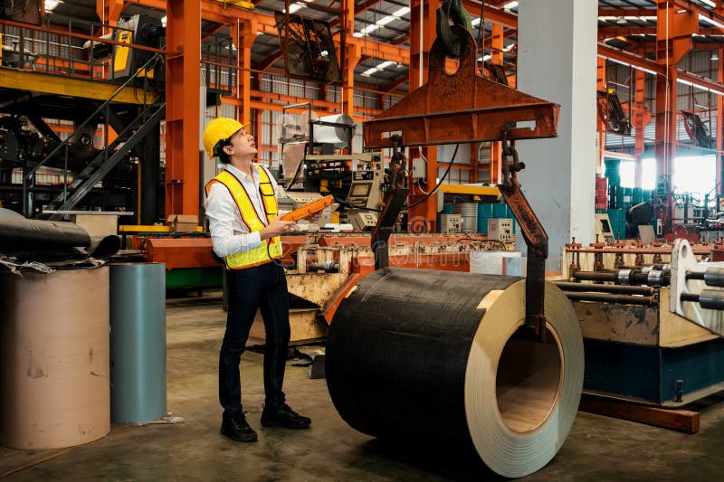 Machine operator skillfully operate steel forming machinery. Exemplifying stock images