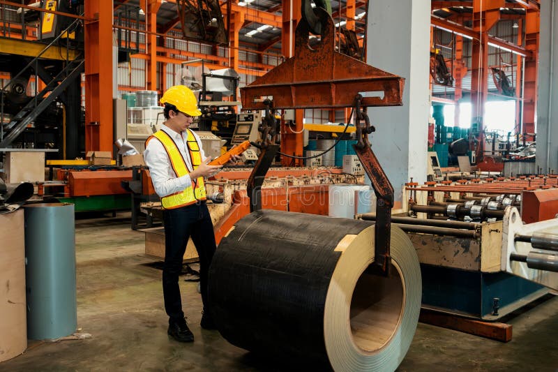 Machine operator skillfully operate steel forming machinery. Exemplifying stock photo