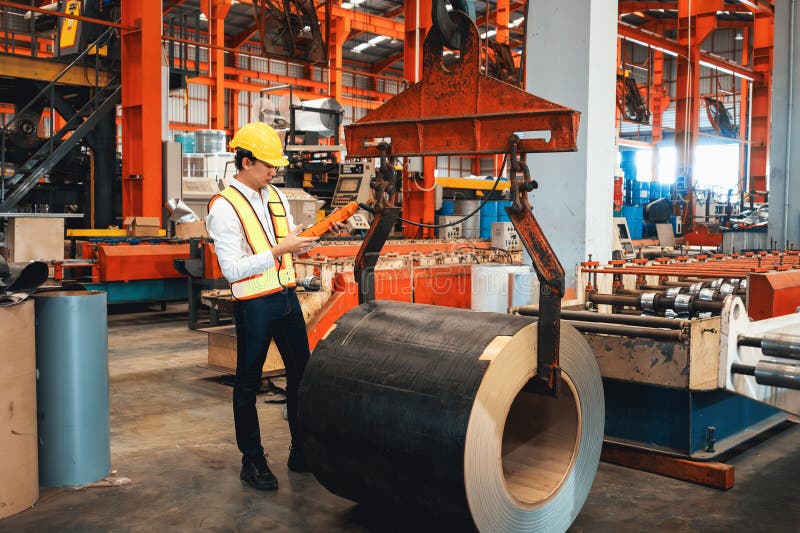 Machine operator skillfully operate steel forming machinery. Exemplifying stock photography