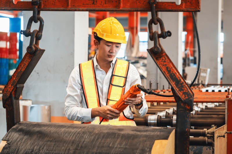 Machine operator skillfully operate steel forming machinery. Exemplifying royalty free stock photos