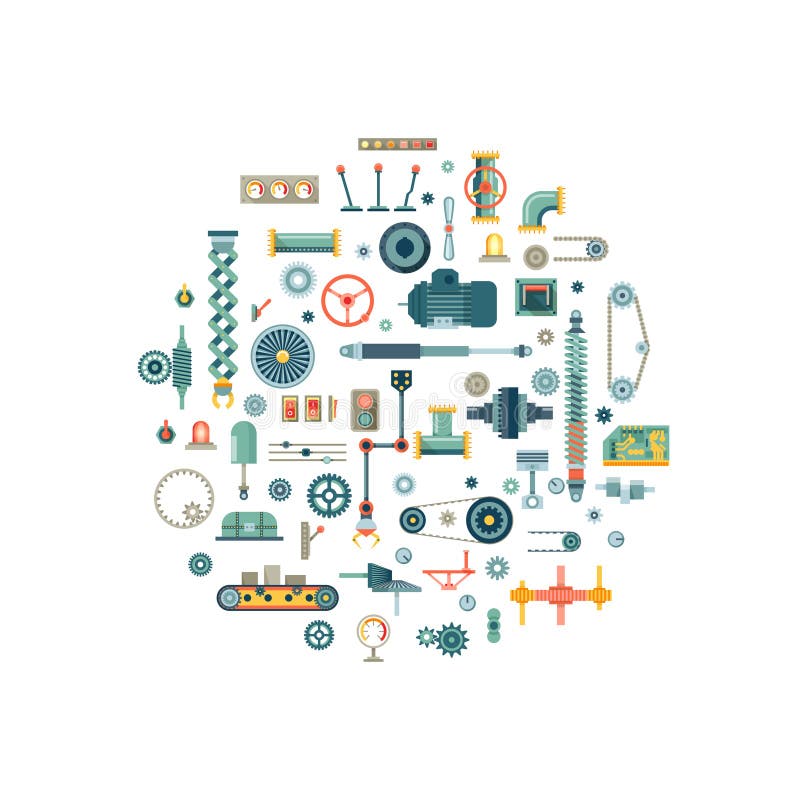 Machine parts flat vector icons in circle composition