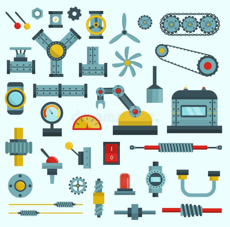 Machine parts illustration machinery flat icons set manufacturing work detail design gear mechanical equipment part