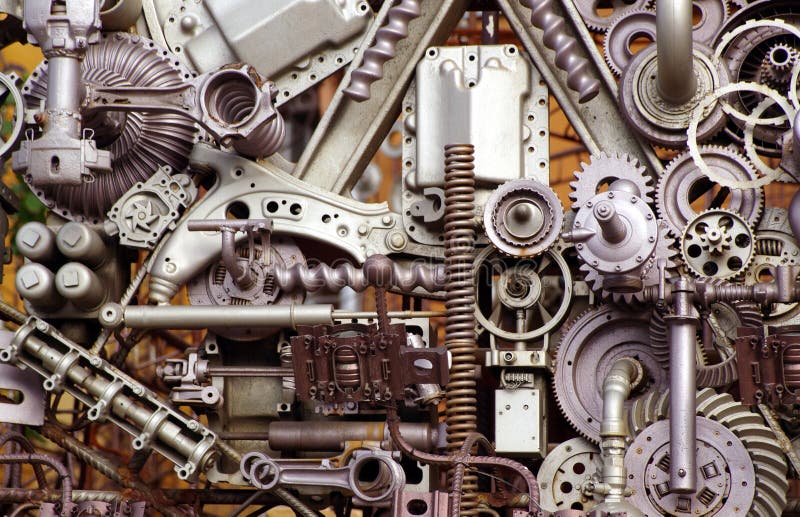 Blick auf eine Künstlerische Montage von Maschinenteilen.