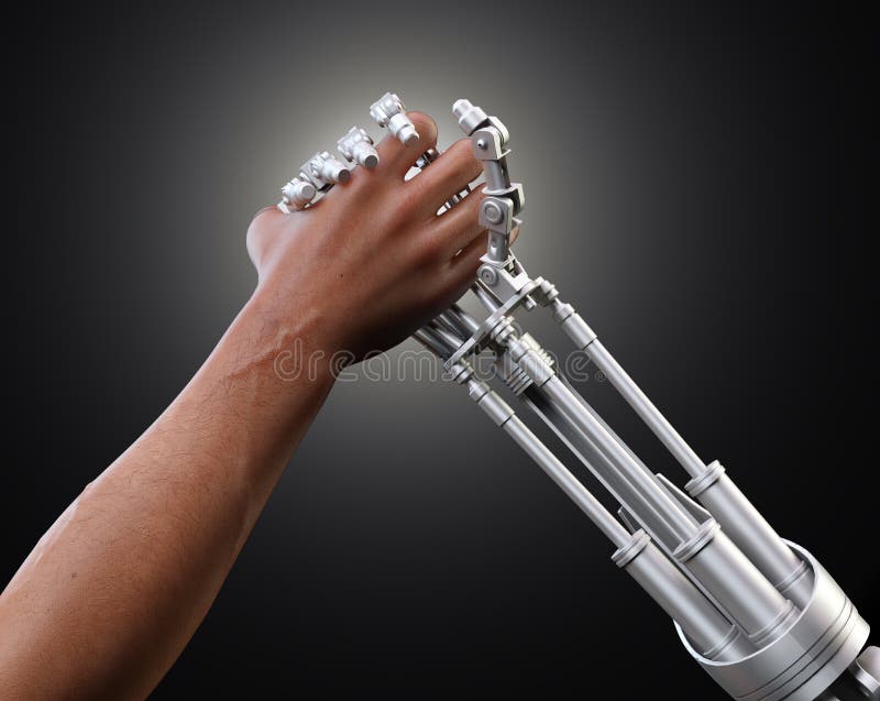 Machine vs human. Man and a robot holding hands or arm wrestling - machine vs human Machine vs human. Man and a robot holding hands or arm wrestling - machine vs human