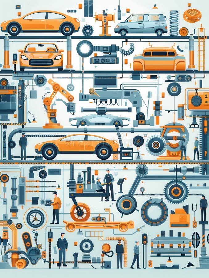 Machines et ouvriers produisent activement divers composants et pièces de voiture dans un environnement industriel moderne rempli d'équipements. ai généré