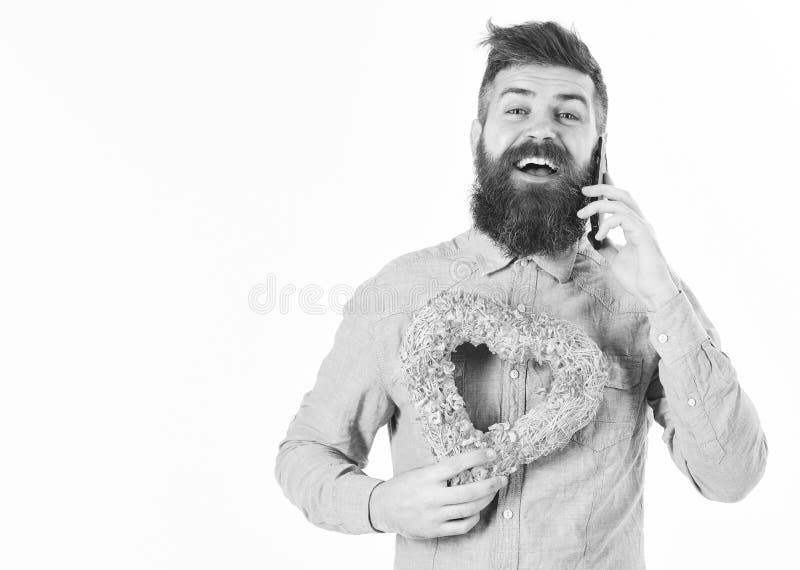 Macho With Beard And Romantic T Hipster Smiles With Pink Heart And Happy Face Bearded Man